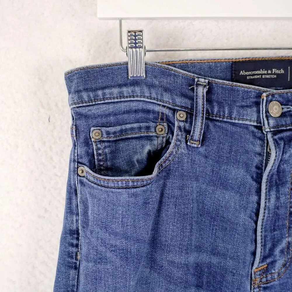 Abercrombie & Fitch Straight Stretch Blue Wiskering Denim Jeans Mid Rise 32/33 T